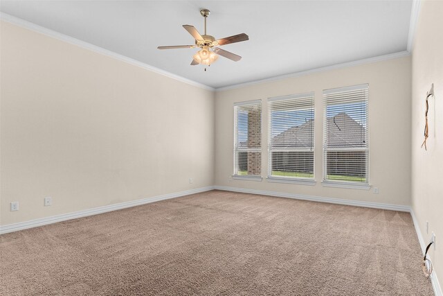 spare room featuring baseboards, carpet, ornamental molding, and a ceiling fan