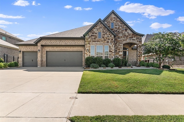 french country inspired facade with a garage, concrete driveway, stone siding, a front lawn, and brick siding