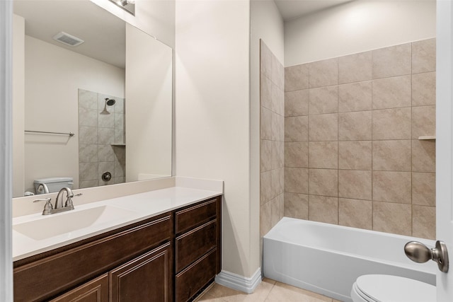 full bath featuring visible vents, toilet, bathtub / shower combination, tile patterned floors, and vanity