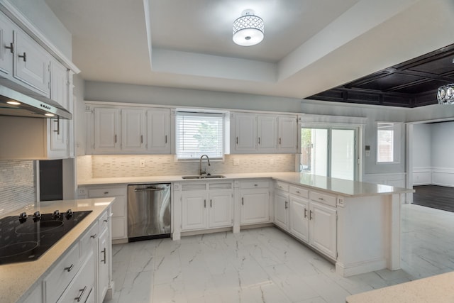 kitchen with stainless steel dishwasher, black electric stovetop, sink, and white cabinetry