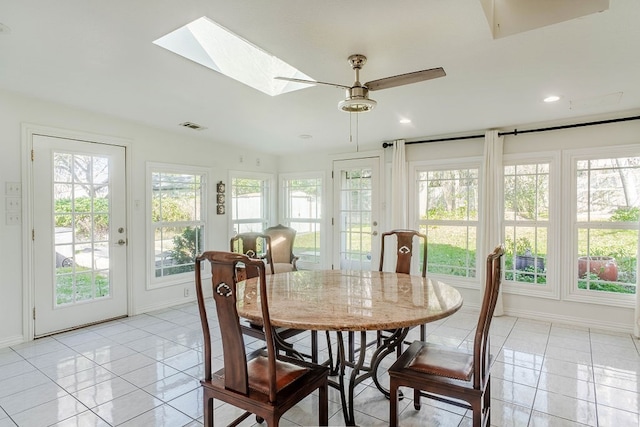 dining area with a wealth of natural light, ceiling fan, and a skylight