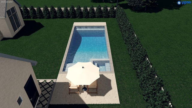 view of pool with a patio area and a yard