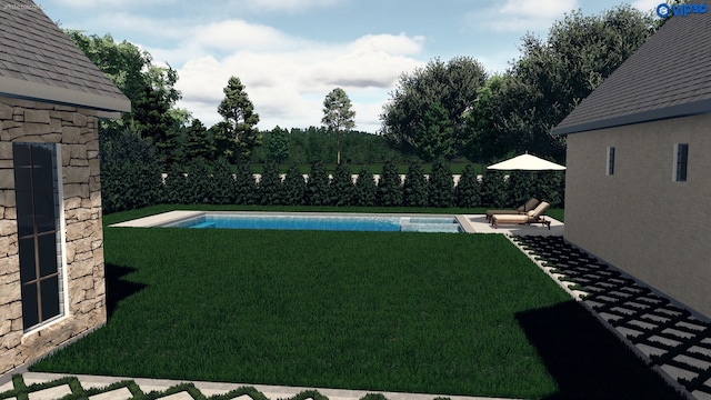 view of yard with a fenced in pool and a patio area