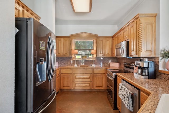 kitchen with decorative backsplash, light brown cabinetry, stainless steel appliances, and ornamental molding