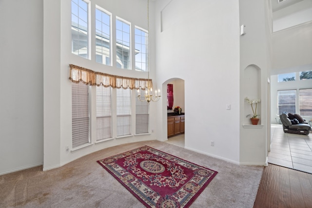 foyer featuring plenty of natural light, light hardwood / wood-style flooring, and a towering ceiling