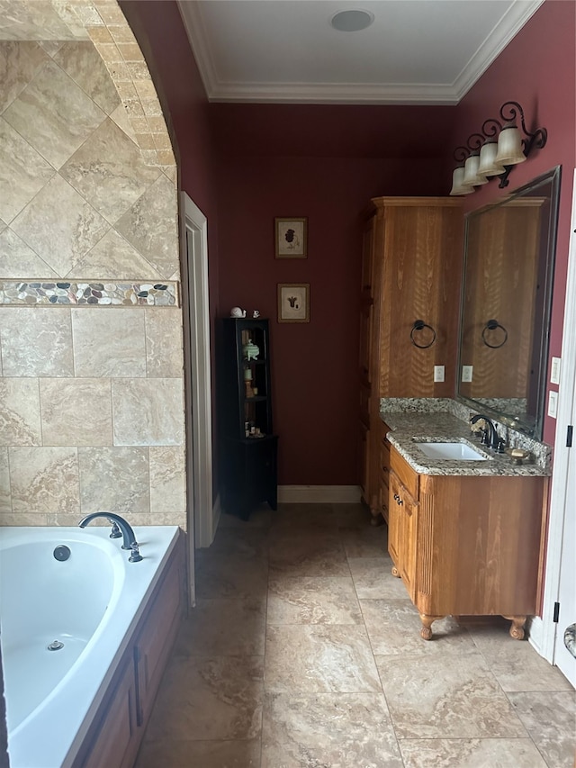 bathroom with vanity, crown molding, and a bath