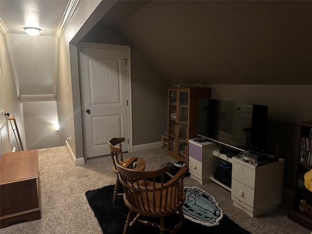 interior space with lofted ceiling and carpet flooring