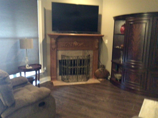 living room with dark hardwood / wood-style flooring