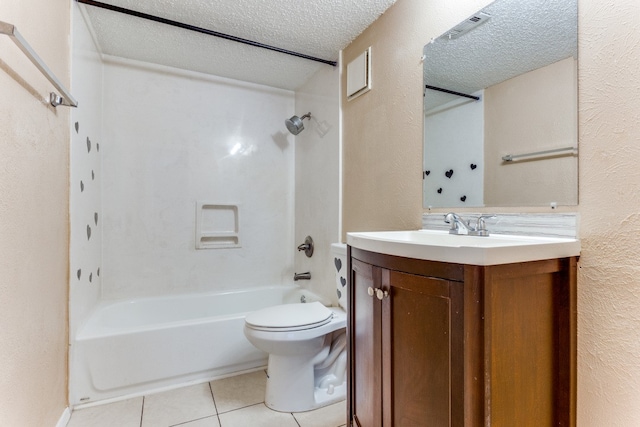 full bathroom featuring shower / tub combination, tile patterned flooring, toilet, vanity, and a textured ceiling