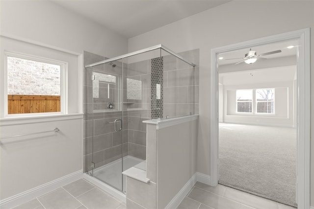3504 Verbena Xing, Melissa, TX 75454 - full bathroom with tile patterned floors, a shower stall, a ceiling fan, and baseboards