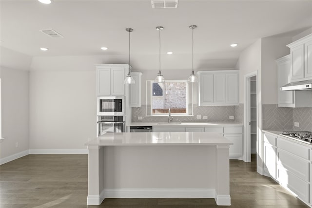 3504 Verbena Xing, Melissa, TX 75454 - kitchen with appliances with stainless steel finishes, a sink, light countertops, wood finished floors, and a kitchen island