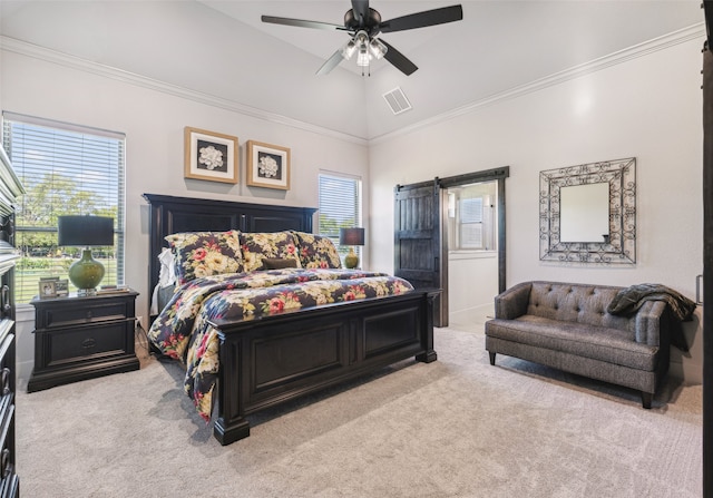 carpeted bedroom with visible vents, a ceiling fan, lofted ceiling, and ornamental molding