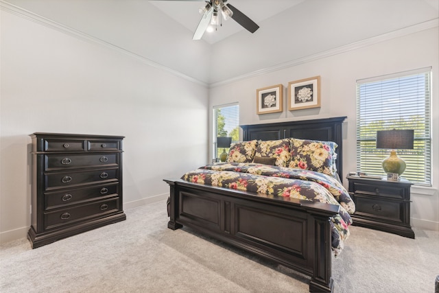 bedroom featuring lofted ceiling, light colored carpet, baseboards, and ceiling fan