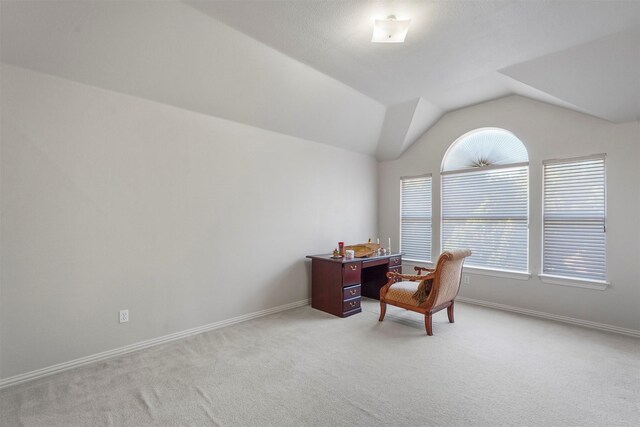 sitting room featuring lofted ceiling and light colored carpet