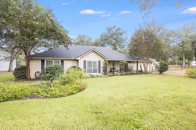 ranch-style home featuring a front lawn