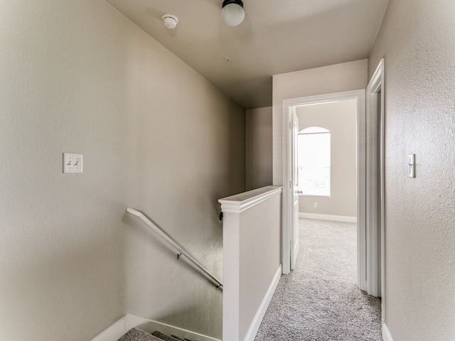 hallway with light colored carpet