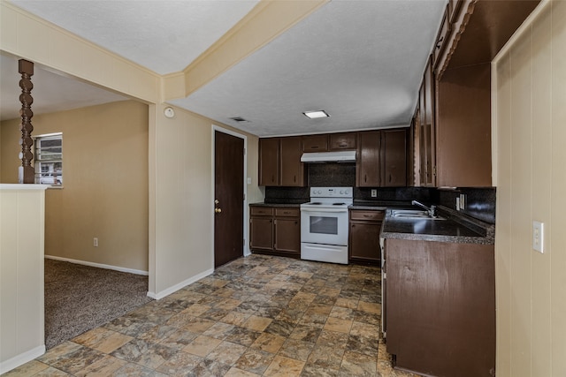 kitchen with a textured ceiling, white electric stove, sink, decorative backsplash, and dark brown cabinetry