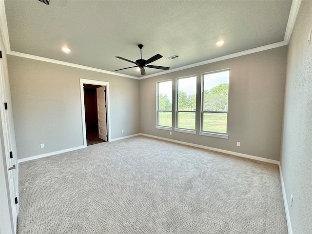 spare room featuring ceiling fan, carpet, and crown molding