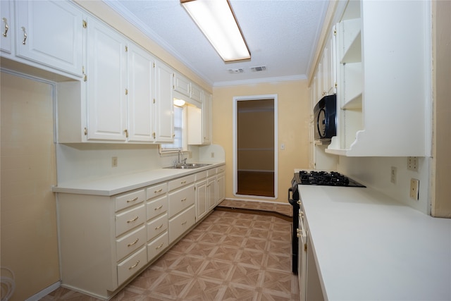 kitchen with gas range gas stove, crown molding, white cabinetry, sink, and a textured ceiling