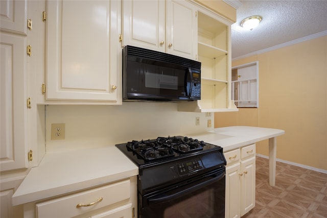 kitchen featuring white cabinets, a textured ceiling, black appliances, light parquet floors, and ornamental molding