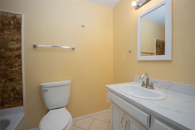 full bathroom featuring tile patterned flooring, toilet, shower with separate bathtub, vanity, and a textured ceiling