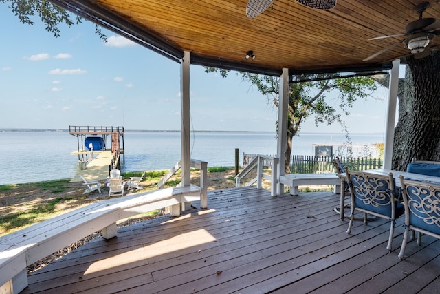 wooden deck with a boat dock, a water view, and ceiling fan