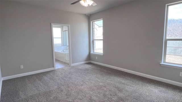 carpeted empty room with ceiling fan and plenty of natural light