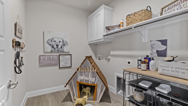 interior space with washer hookup, cabinets, light hardwood / wood-style flooring, and hookup for an electric dryer