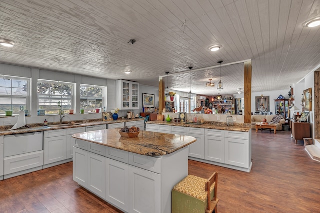 kitchen featuring hanging light fixtures, a kitchen island, sink, and dark hardwood / wood-style flooring