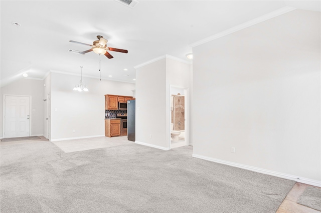 unfurnished living room with crown molding, light colored carpet, ceiling fan with notable chandelier, and lofted ceiling