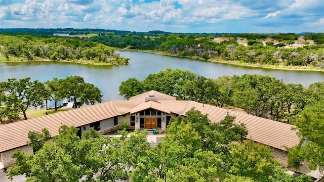 drone / aerial view with a water view