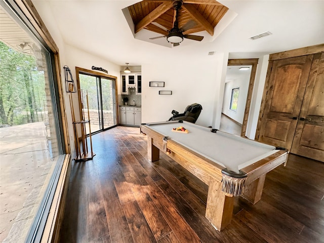 rec room with billiards, a healthy amount of sunlight, and dark hardwood / wood-style floors