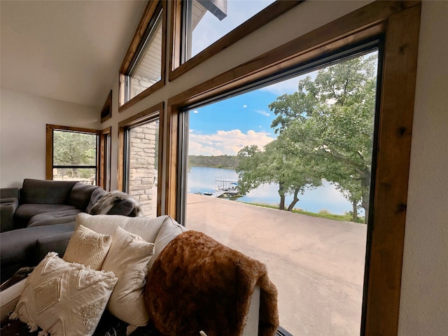 living room featuring plenty of natural light, carpet floors, and a water view