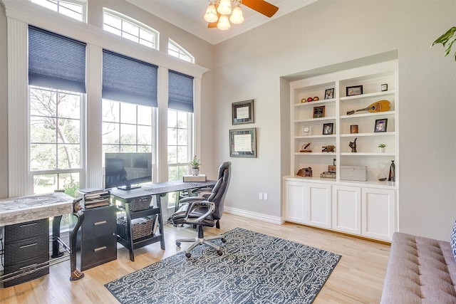 office with ceiling fan, light hardwood / wood-style flooring, and a wealth of natural light