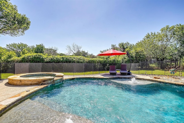 view of swimming pool featuring an in ground hot tub and pool water feature