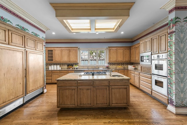 kitchen with light wood-type flooring, tasteful backsplash, stainless steel appliances, and a kitchen island with sink