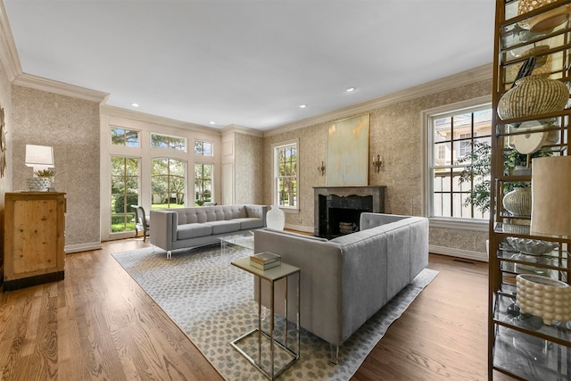 living room with crown molding, plenty of natural light, wood-type flooring, and a fireplace