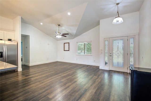 entrance foyer with dark wood-type flooring, ceiling fan, and lofted ceiling