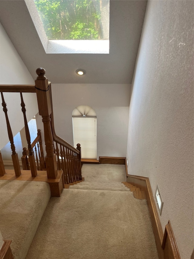 staircase featuring carpet floors and lofted ceiling with skylight