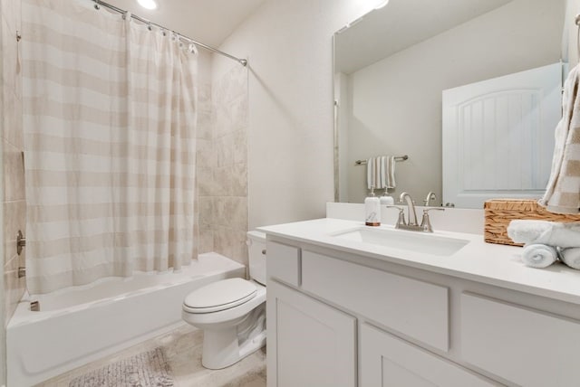 full bathroom with tile patterned floors, vanity, shower / bathtub combination with curtain, and toilet