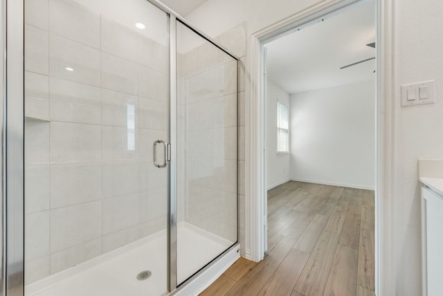 bathroom with walk in shower, vanity, and hardwood / wood-style floors