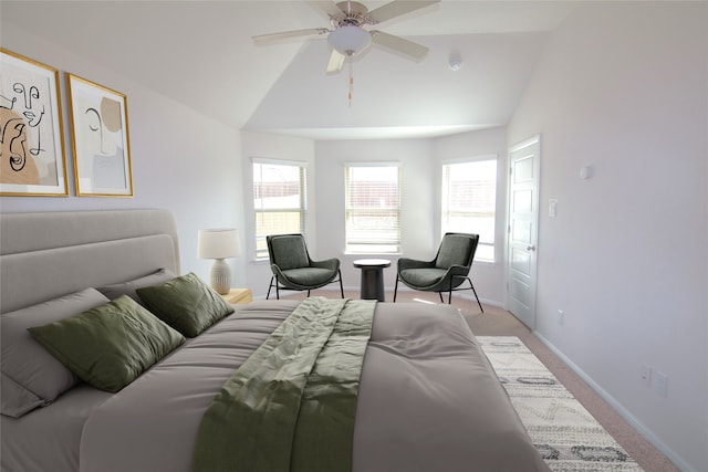 bedroom with ceiling fan, vaulted ceiling, and light colored carpet