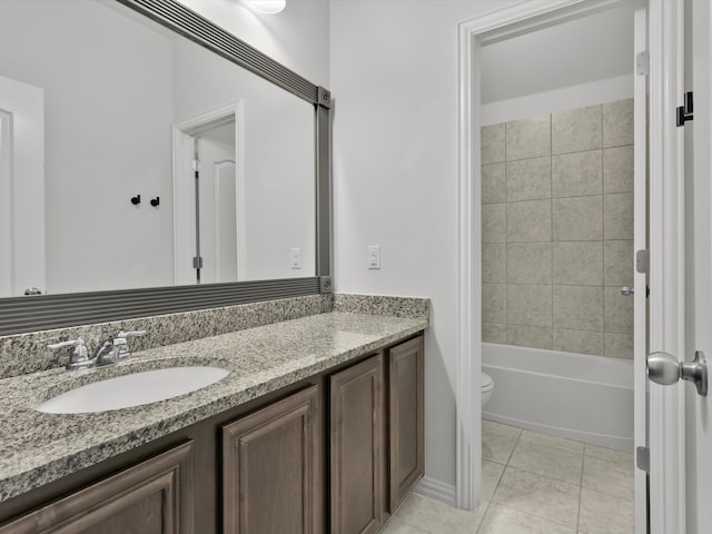 full bathroom featuring tiled shower / bath combo, vanity, toilet, and tile patterned floors