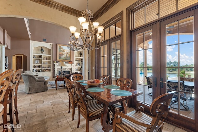 living room with french doors, beam ceiling, hardwood / wood-style floors, and ceiling fan