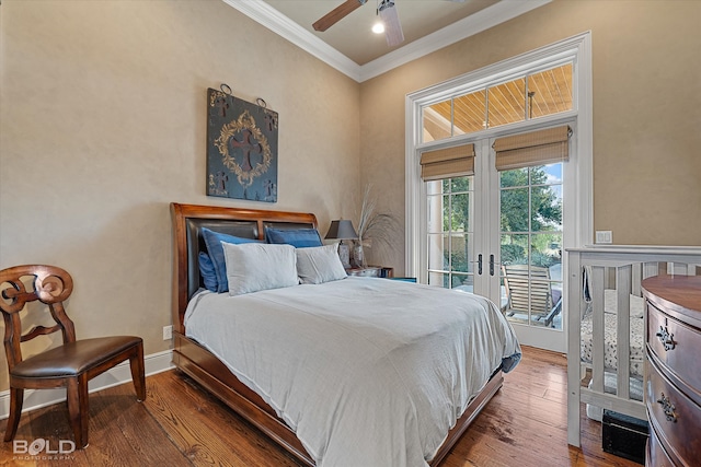 bedroom with ceiling fan, hardwood / wood-style flooring, access to exterior, and crown molding