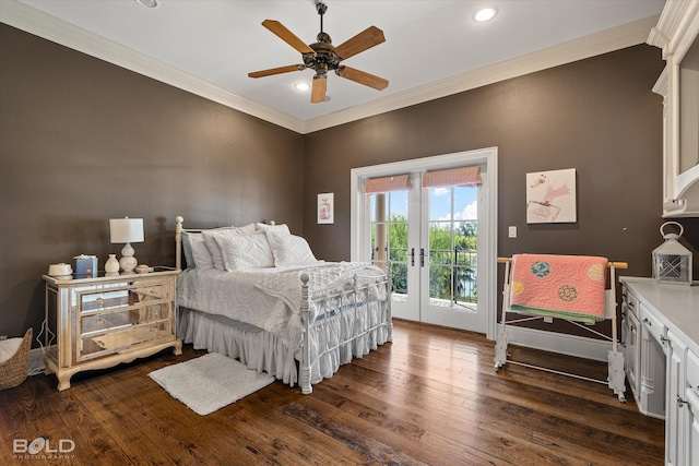 bedroom featuring dark hardwood / wood-style floors, access to exterior, ornamental molding, ceiling fan, and french doors