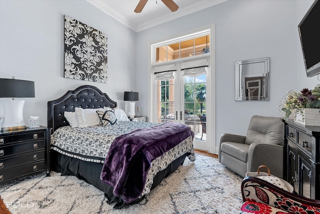 bedroom featuring wood-type flooring, ornamental molding, ceiling fan, and access to exterior