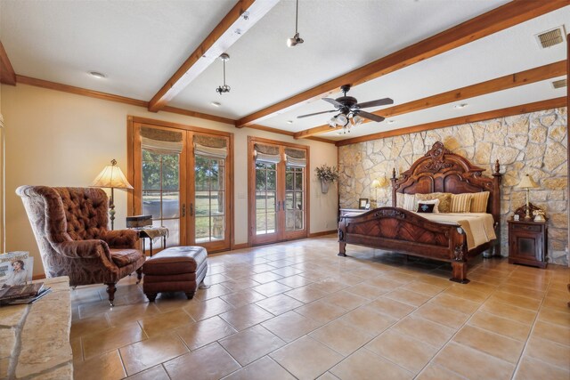 bedroom with french doors, access to exterior, beamed ceiling, and ceiling fan