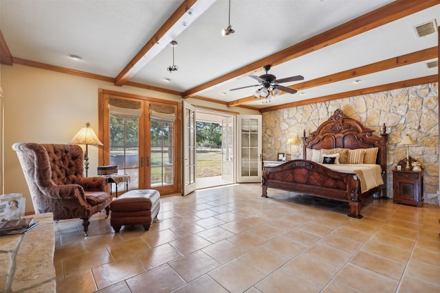 tiled bedroom with french doors, ceiling fan, beamed ceiling, and access to exterior