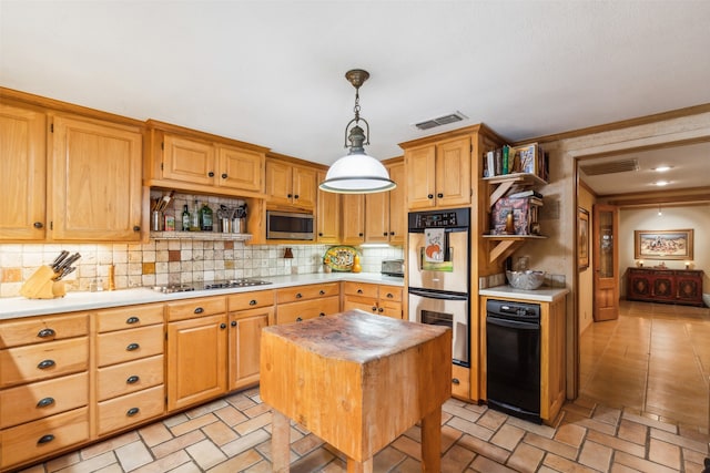 kitchen with a kitchen island, tasteful backsplash, pendant lighting, and stainless steel appliances